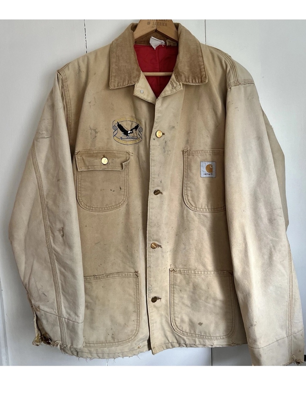 Vtg Carhartt Beige Brown Button Red Lining Barn Chore Jacket Coat Thrashed Large